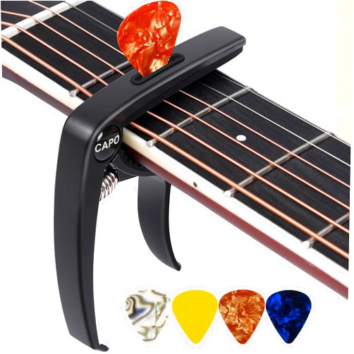 AARVI Guitar Capo, 3in1 Zinc Metal Capo for Acoustic and Electric Guitars (with Pick Holder and 4Picks),Ukulele,Mandolin,Banjo,Guitar Accessories (Black)
