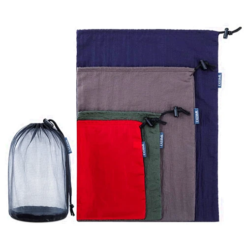 EXERMIL Nylon Stuff Sack Set 5-Piece (1.4L/2.7L/3L/7.5L/15L); Drawstring Storage Sack; Mesh Bags; Ditty Bags Small M Large XL for Organization Travel Camping Backpacking Down Jacket; Assorted Colors