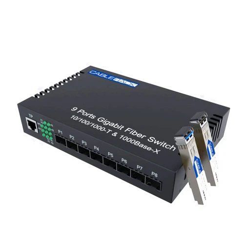 CableRack 8 Port SFP Unmanaged Ethernet Optical Switch with One Multimode and One Singlemode SFP