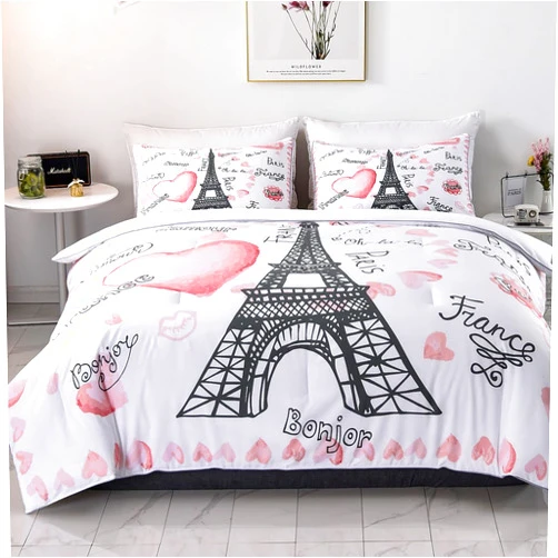 SHINICHISTAR Queen Size The Eiffel Tower Comforter Sets 3 Pieces Paris Bedding Set for Kids Teens Girls Heart France Bedroom Decor
