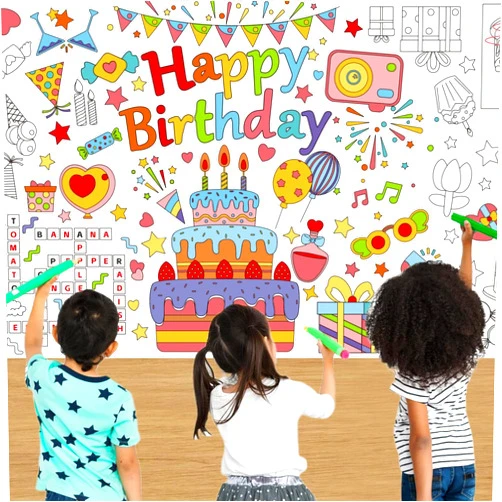 AUNMER Happy Birthday Giant Coloring Poster,Summer Activities for Kids,Versatile 30 x 72 Inch Birthday Coloring Tablecloth for Summer Camp Activities,Color-in Activities Games Birthday Crafts