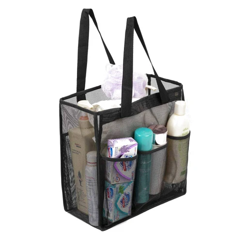 ALYER Big Mesh Shower Bag Tote,Portable Dry Wet Separation Bath Organizer with a Clear Zippered PVC Pocket (Black)