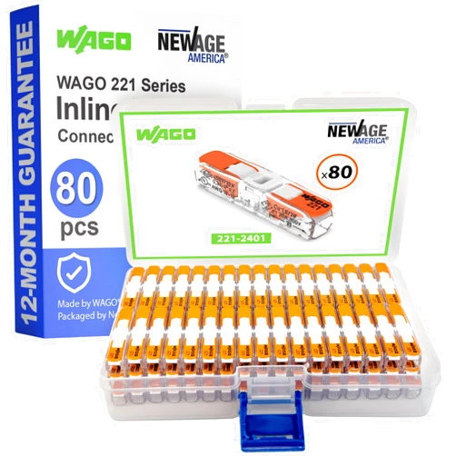 New Age America WAGO 221-2401 80pc Inline Splicing Wire Connectors Pack | Includes (80x) 221-2401 | 221 Series Lever Nuts Assortment with Case