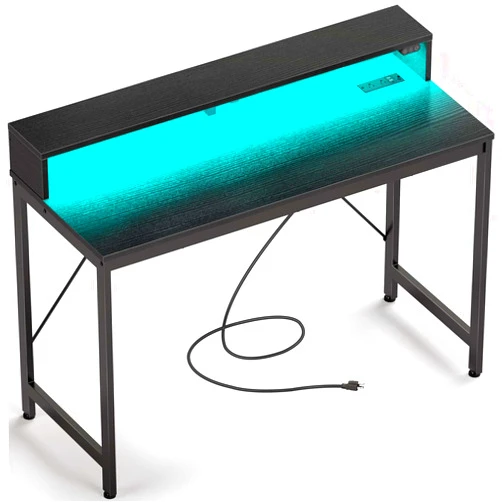 Rolanstar Computer Desk 39 inch with LED Lights & Power Outlets, Home Office Desk with Monitor Shelf, Gaming Desk,Writing Desk, Study Desk for Student & Kids, Black