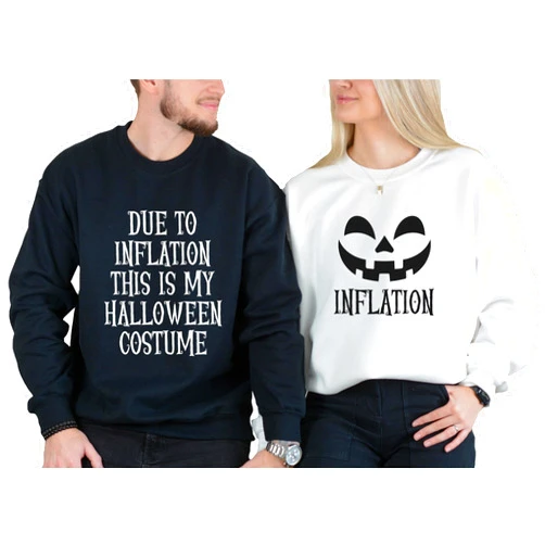 Handmade Funny Couple Halloween Shirts, Matching Due to Inflation Costume & Pumpkin Face Design, Cute Halloween Shirts for Men and Women, S-3XL, Tee & Sweatshirt
