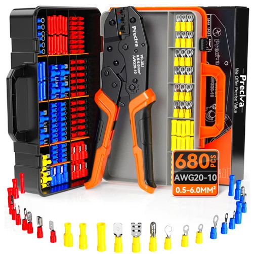 Preciva Crimping Tool for Insulated Terminals Wire Connectors, AWG20-10 Ratchet Crimper with 680 Pcs Insulated Terminals Connectors