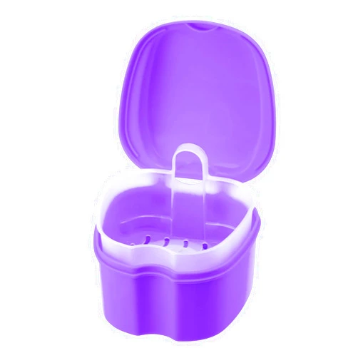 Annhua Denture Soaking Cup Dental Retainer Case Cleaning with Strainer Basket, Orthodontic Bath Box Mouthguard Storage Holder - Leak Proof and Lid Waterproof - Purple