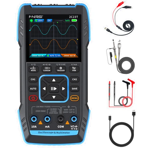 FNIRSI 2C23T 3 in 1 Handheld Oscilloscope Multimeter DDS Generator, 2 Channels, 10MHz Bandwidth, 50MSa/s Sampling Rate, 10000 Counts, Voltage, Current, Capacitor, Resistor, Diode Test
