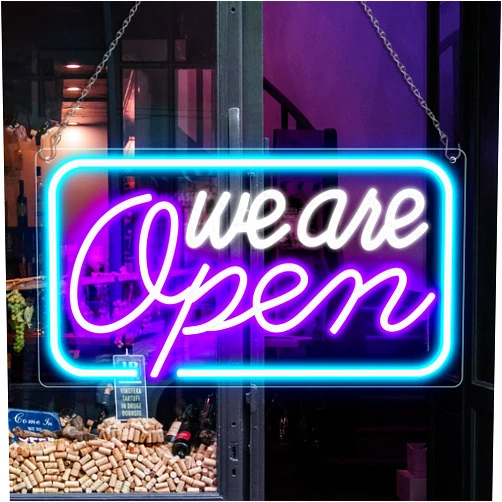 NELTBESIN Neon We Are Open Signs for Business, 16.5''x 9'' Open Sign LED, Super Bright & Easy to Spot Open Neon Sign(Cool White&Purple&Blue), with ON/OFF Switch & Adapter, Ideal for Window, Party, Wall, Bars, etc.