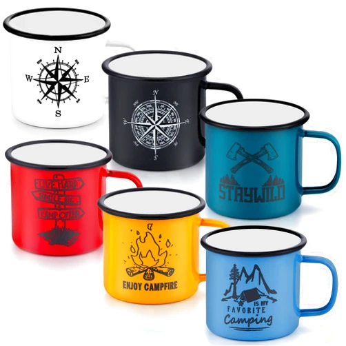 P&P CHEF Enamel Camping Mugs Set 16 Ounce (Pack of 6), Coffee Camp Enamel Tea Cups for Indoor and Outdoor Activities, Wide Handle & Smooth Rim,Portable & Durable