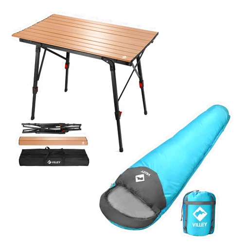 VILLEY Portable Camping Table with Adjustable Legs and Mummy Sleeping Bag