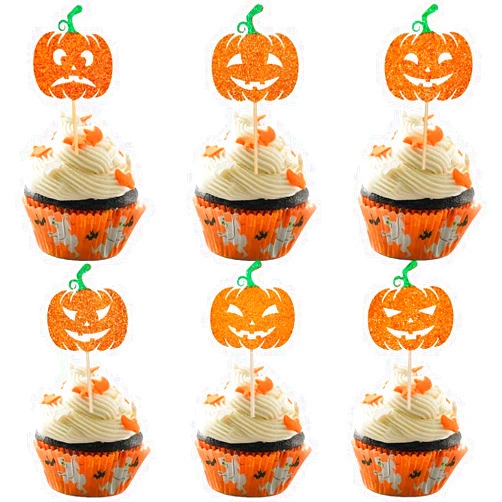 VCGUDOE 24 PCS Halloween Pumpkin Cupcake Toppers Halloween Cake Decorations Halloween Decorations Birthday Party Cake Decorations Supplies (Pumpkin-3)