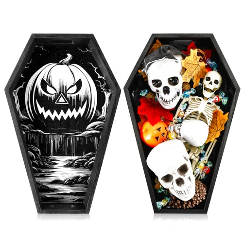 Leinuosen 1 Pack Halloween Wooden Coffin Tray 14