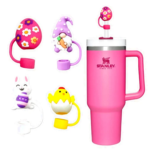 LETSWIN Easter Straw Cover Cap for Stanley Cup, 10mm Reusable Silicone Straw Toppers Cute Eggs Bunny Gnome Chick Straw Tips Lids for Stanley 40 & 30 Oz Tumbler, Easter Stanley Cup Accessories, 4Pcs
