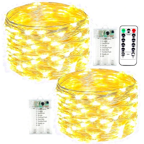 EXF 2-Pack 50 LED Fairy Lights Battery Operated with Remote Control Timer, 16 FT 50 LED Battery Lights Outdoor Indoor, 8 Mode Twinkle String Lights for Classroom Party Bedroom Christmas Décor (Warm White)