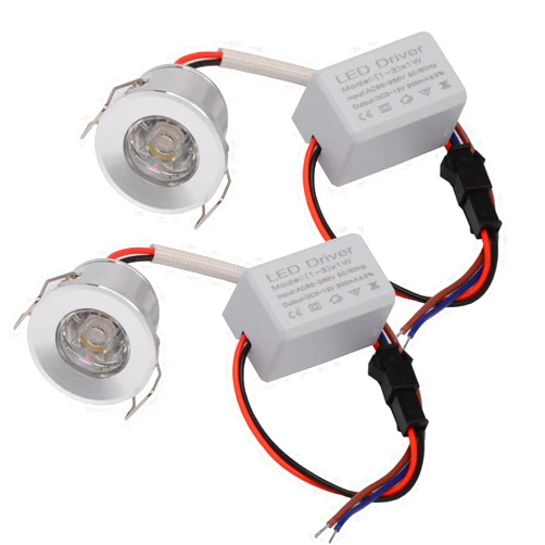 Scpopfer 2Pack 1W Mini Spotlights Recessed Ceiling Showcase Display Under-Cabinet Indoor Lights Fixture with AC 110V 220V to DC3-12V LED Power Supply Driver 3000K Warm-White Lighting Silver-Shell