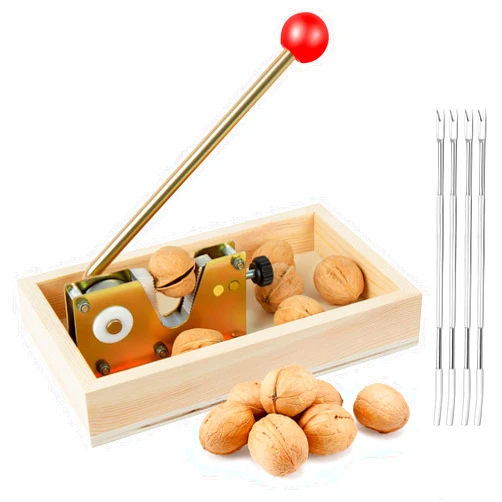 Nizodo NutCracker Tool Heavy Duty Nut Cracker with Wooden Base Adjustable Nut Tongs Manual Nut Crackers for All Nuts Cracker Tool for Walnut Pecan Macadamia Hazelnuts Chestnut, 4 Picks Included