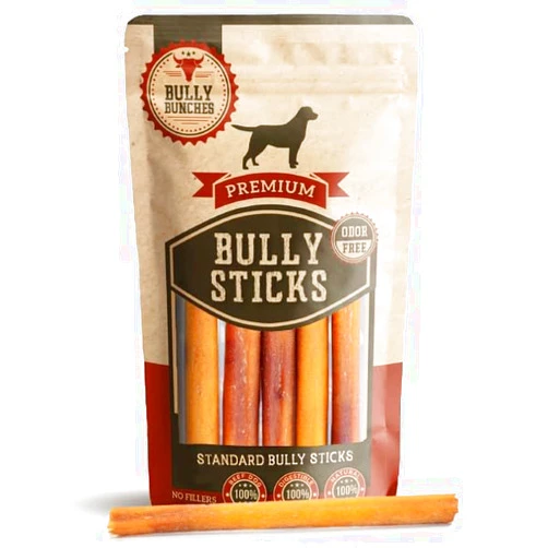 Bully Bunches Premium 6 Inch Standard Odor-Free Bully Sticks for Small to Medium Dogs & Puppies - Long Lasting Chews for Oral Care - All Natural, 100% Beef Dog Treats, Rawhide Free (5 Pack)