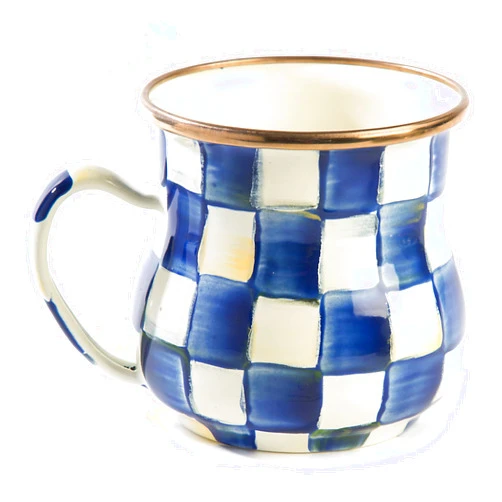 MACKENZIE-CHILDS Enamel Mug, Cute Enamelware Coffee and Tea Mug, Unique Drinkware, 16 Ounces, Blue-and-White Royal Check, Set of 1