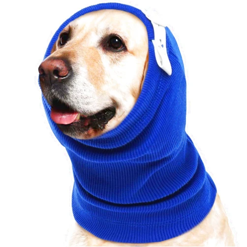 ROZKITCH Dog Calming Hoodie Dog Ears Cover, Ear Wrap for Dog Cat, Dog Ear Head Muff Protection Anxiety Relief Noise Canceling for Firework Pet Grooming Force Drying Ear Muff Dog Ear Protector Blue L