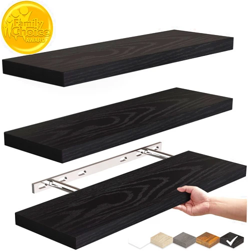 BAYKA Floating Shelves for Wall, Wall Mounted Rustic Wood Shelves for Bathroom, Bedroom, Living Room, Kitchen, Hanging Shelf for Books/Storage/Room Decor with 22lbs Capacity (Black, Set of 3, 15.7in)