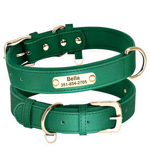 PET ARTIST Personalized Dog Collars, Soft Neoprene Padded Custom Leather Dog Collar with Name Plate, Adjustable Green Dog Collar for Small Dogs, S