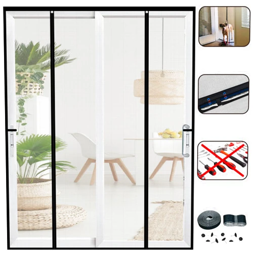CHIYUNS Double Door Screen Magnetic Closure 62 x 81.6 Inch, Fit Door Size 60 x 80 Inch, Grey Fiberglass Magnetic Screen Door, Heavy Duty, Self Sealing, Keep Bugs Out, Pet Friendly