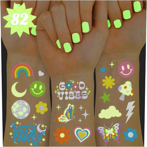 xo, Fetti Groovy Disco Glow in Dark + Foil Temporary Tattoos - 82 pc | Flower Power Birthday Party Supplies, Rave Bachelorette Party Favors, Smiley Decorations, Y2K, Rainbow Arts and Crafts