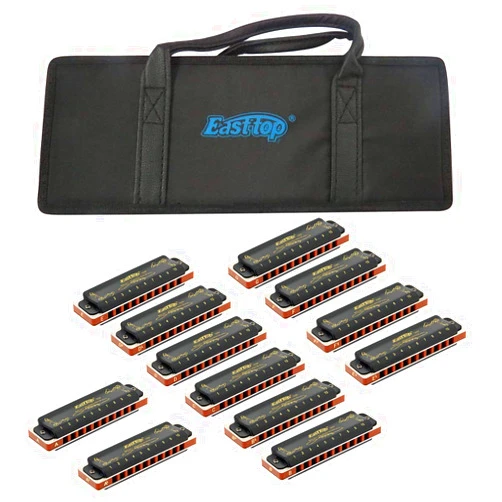 East top Diatonic Blues Harmonica Set of 12, 10 Holes Diatonic Blues Harp Mouth Organ Set, 12 Keys 008K Harmonicas set for Beginners and Professionals with Black Case, as Gift(12)