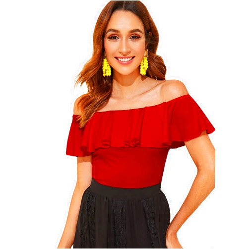 WDIRARA Women's Stretchy Off Shoulder Flounce Sleeve Sexy Slim Blouse Tops Shirt