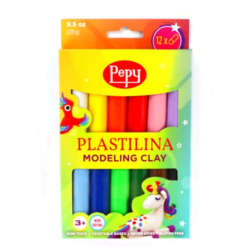 Pepy Plastilina Reusable and Non-Drying Modeling Clay; Box of 12-Color Sticks, 0.8 Ounce Each, Perfect for Arts and Crafts Projects