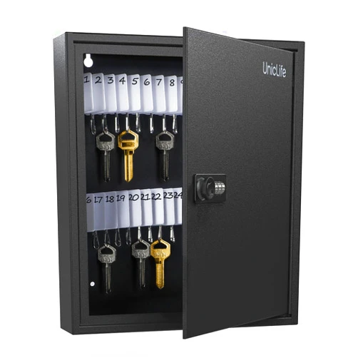 Uniclife 60 Position Slotted Key Cabinet with Combination Lock Resettable Black Digital Security Storage Box Steel Key Organizer with Slotted Racks White Key Tag Labels and Permanent Pen