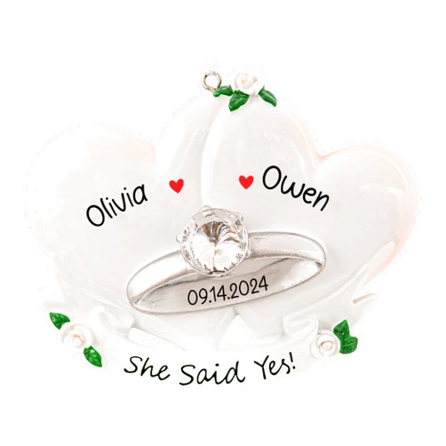 UniqXmas Personalized Our First Christmas Engaged Ornament 2024 | Customized Engagement Hearts Ornament with Diamond Ring | Just Proposed Fiance Newly Couple Custom Keepsake Gift for Xmas Tree