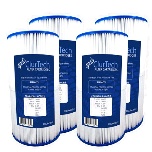 ClurTech FRX-6430-4 Replacement 4 Pack Hot Springs Watkins 30 Sq Ft Spa Filter Cartridge PWK30 C-6430 FC-3915 31489 0969601 71825 73178 73250, Pack of 4, White