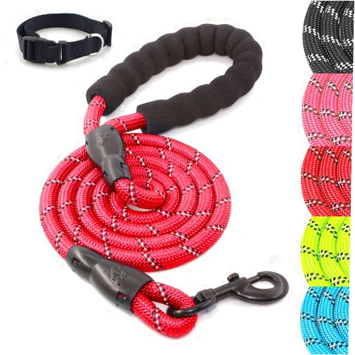 HLXFF3 5/6FT Dog Leash and Collar Set with Comfortable Padded Handle- Heavy Duty Highly Reflective Threads Rope Pet Leash for Dogs up to 110lbs- 6ft, Red