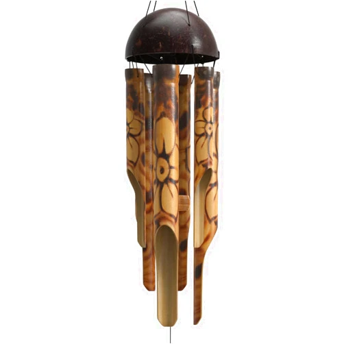 Nalulu Rustic Bamboo Wind Chimes - Outside Outdoor Wooden Windchimes, Small, Floral Burned Design with Coconut Crown, Handcrafted with Calming Deep Tones, Home Decor Ideal Gift for Him & Her