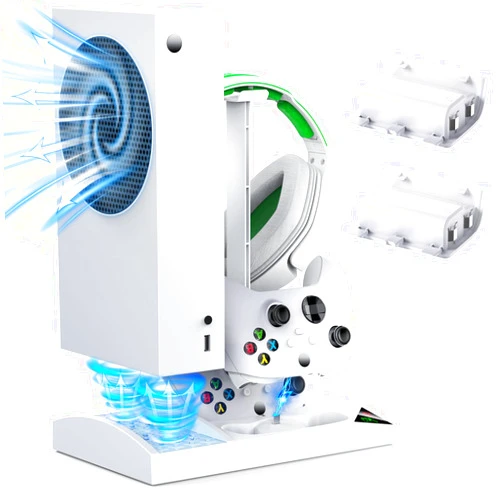 YUANHOT Vertical Cooling Stand Charging Station for Xbox Series S Console and Controller, Dual Fan Cooling System for Xbox Series S Accessories with 2Pack 1400mAh Rechargeable Battery, Headset Holder