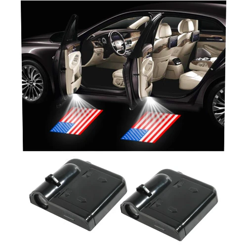Reswish 2Pcs American Flag Car Door Lights Logo Projector,Car Door LED Logo Projector Light,Car Door Welcome Logo Projector Lights,Universal Holeless Magnet Sensor Ghost Shadow Welcome Lamp(Red)