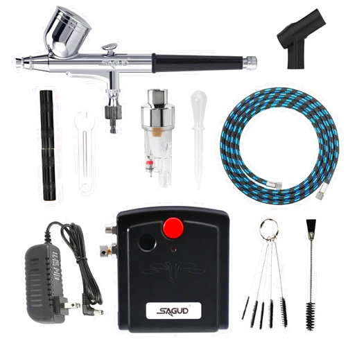 SAGUD Professional Mini Airbrush Kit with Portable Compressor - Perfect for Painting, Hobby, Craft, Model - Dual-Action Gravity Feed Air Brush Gun with Airbrush Cleaning Kit
