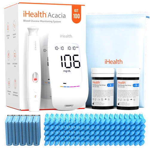 iHealth Acacia Blood Glucose Monitor Kit, 100 Glucometer Strips, 100 Lancets, 1 Blood Sugar Monitor, 1 Lancing Device, 1 Travel Bag, No Coding, Portable Diabetes Testing Kit, Blood Sugar Testing Kit