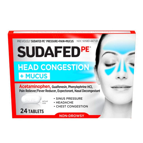 Sudafed PE Head Congestion + Mucus Tablets for Sinus Pressure, Pain & Congestion, 24 ct