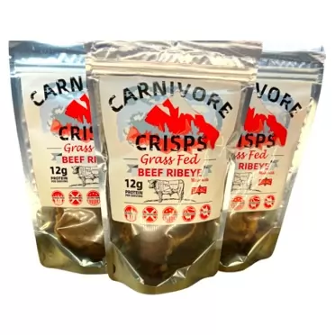 Carnivore Crisps beef ribeye, (3) 1.5 oz bag, 11 g proteins per serving, carnivore diet approved, keto diet approved