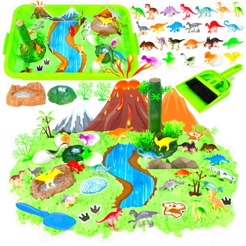 Hymaz Dinosaur Sensory Bin Toys for Kids, 49Pcs Dinosaur Sandbox Play Sand Kit with 2.2lbs Magic Sand, Dino Figures, Forest Scene Models, Shovel, Preschool Toddler Activities Birthday Gift for Age 3-8