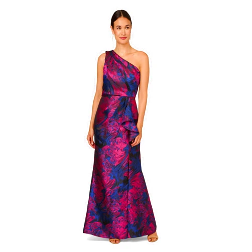Adrianna Papell Women's One Shoulder Jacquard Gown