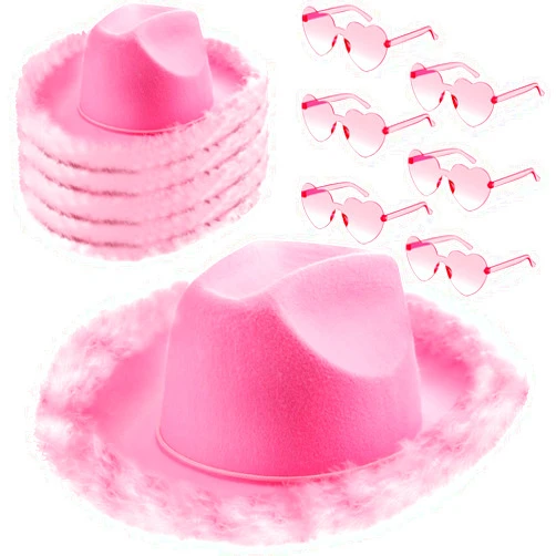 Zhanmai 6 Pieces Cowgirl Hat with Feather Boa and 6 Pieces Heart Sunglasses Set for Girls Bachelorette Party, Costume Party