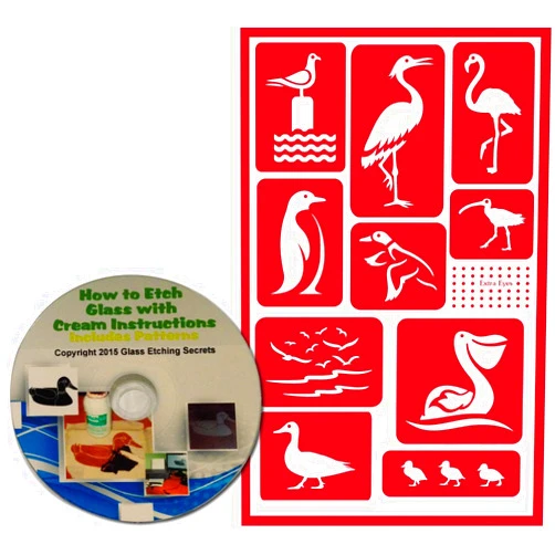 Glass Etching Secrets Bird Stencils for Painting & Glass Etching: Seagull, Mallard Ducks, Flamingo, Crane, Penguin, Pelican, Chicks, & Long-Billed Curlew - Reusable Adhesive Stencils with Patterns on CD-ROM