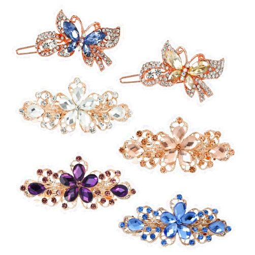 Lawie 6 Pack Fancy Flower Butterfly Leaf Hair Clips with Jeweled Gems Crystal Rhinestone Pearl Glitter Sparkly Metal Barrettes Snap Hair Pins Bun Ponytail Holder Hair Accessories or Women Girls