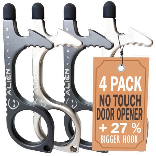 ALIEN SYSTEM No Touch Door Opener tool 4 Pack - Premium keychain multitool - Hygienic Touch free Keychain tool - Touchscreen stylus, Button pusher, Bottle opener - Great for Employee appreciation gifts