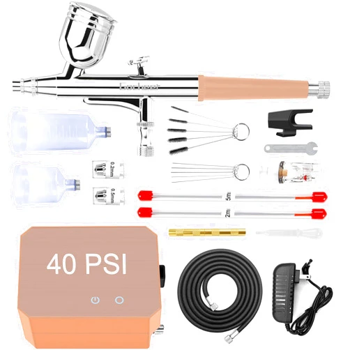 Gocheer Airbrush Kit with Air Compressor, 40 PSI High Pressure Air Brush Non-Clogging with 0.2/0.3/0.5mm Nozzle/Cleaning Sets, Ideal for Painting, Modeling, Cake Decor, Pastry, Makeup, Nail Art Gold