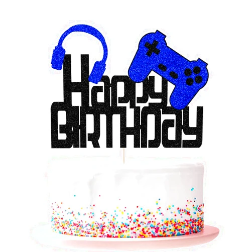 Ruscalin Video Game Happy Birthday Cake Topper-Glitter Headset Video Game Pick，Controllers GamePad Cake Decor ，Game Theme ，Game Fans，Picks for Kids Gaming Themed Birthday Cake Decor (game player)